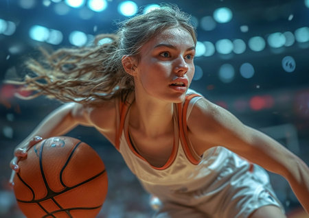 Young beautiful college female basketball player on game on large arena.AI Generative.の素材