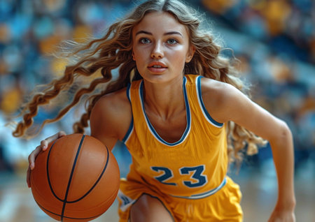 Young female basketball player in attack action on basketball game wearing yellow uniform.AI Generative.の素材