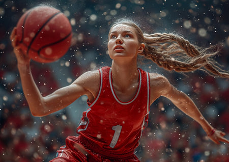 Beautiful female basketball player in attack action on basketball game to score important points.AI Generative.の素材