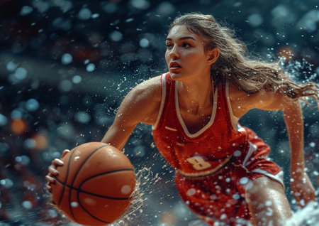Young beautiful female basketball player in action on basketball game on large crowded  arena.AI Generative.の素材