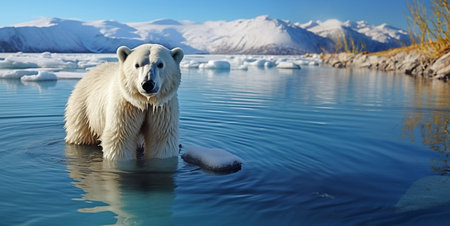 Large arctic polar bear standing in water on sunny day and snow background.AI Generative.の素材