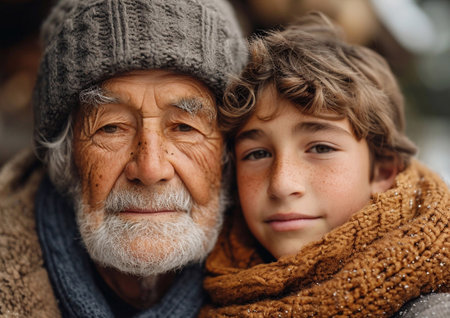 Portrait of grandson and grandfather showing love and care between different generations cincept.AI Generative.の素材