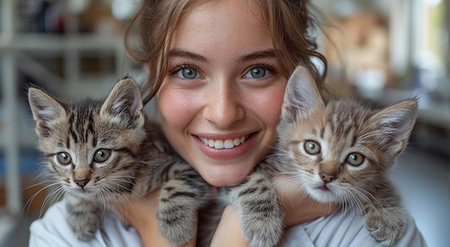 Happy smiling female veterinary doctor holding cute kittens in vet clinic.AI Generative.の素材
