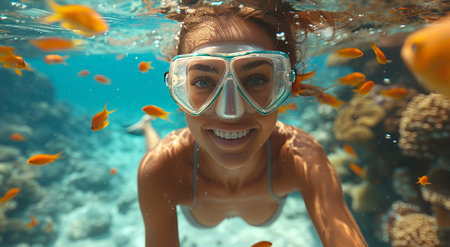 Young woman underwater with reef fishes during snorkeling swimming on summer tropical vacation.AI Generative.の素材
