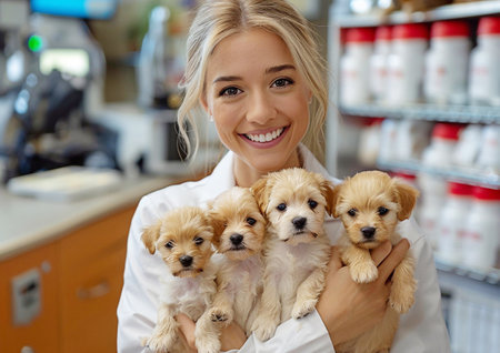 Happy smiling female veterinary doctor holding cute little puppies in vet clinic.AI Generative.の素材