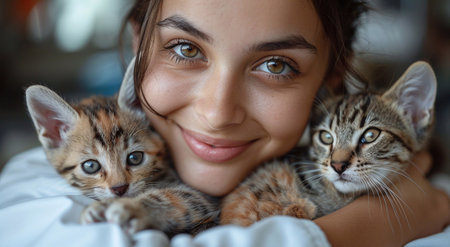 Happy smiling female veterinary doctor holding cute kittens in vet clinic.AI Generative.の素材
