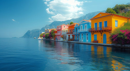 Beautiful colorful houses and blue ocean on sunny summer day.AI Generative.の素材