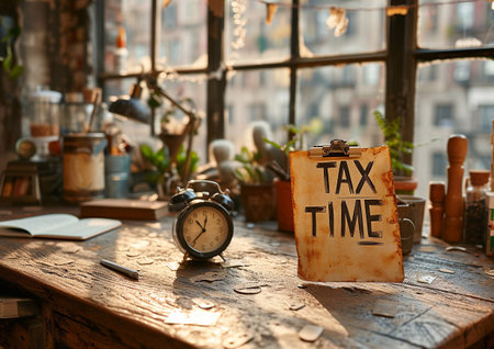 Tax time note on modern office table as tax payment or return season concept.AI Generative.の素材