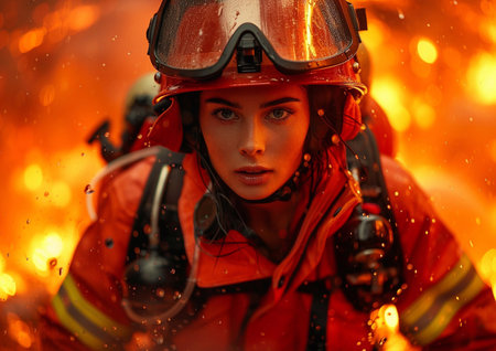 Portrait of woman firefighter wearing full fire protection uniform and busy on large dangerous fire area.AI Generative.の素材