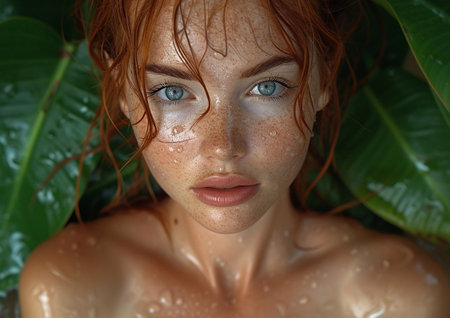 Portrait of beautiful young woman with ginger hair and freckles between tropical leaves on  rainy day.AI Generative.の素材