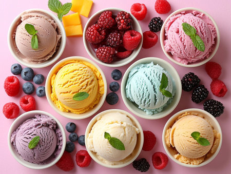 Assorted tasty ice cream scoop in ceramic bowl with berries and fruits.AI Generative.の素材