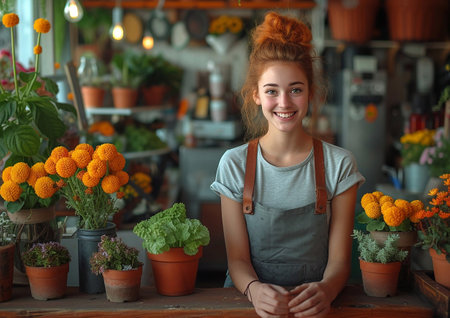 Happy smiling young florist woman wearing apron and standing in florist shop around flowers.AI Generative.の素材