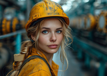 Portrait of beautiful woman wearing helmet and coverall as oil and gas industry worker.AI Generative.の素材