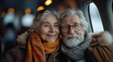 Happy senior couple in airplane traveling and exploring the world after retirmenet.AI Generative.の素材