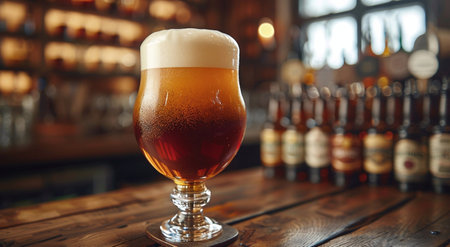Glass of craft lager beer on wooden table and large pub background.AI Generative.の素材