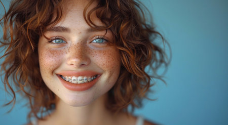 Happy young woman with braces and beautiful smile on blue background.AI Generative.の素材