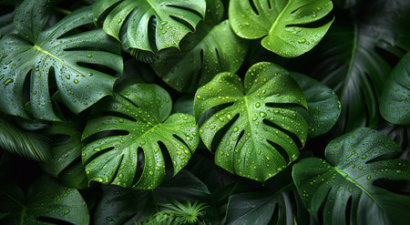 Green tropical leaves background with water rain drops in tropical forest in summer day.AI Generative.の素材