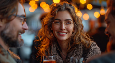 Happy young woman having a drink with friend after long day in office.AI Generative.の素材