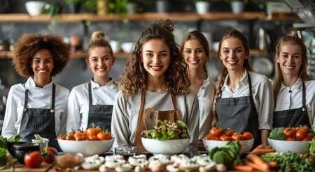 Happy female chefs in large restaurant kitchen during workshop kitchen student school.AI Generative.の素材