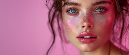 Magazine advertising style studio beauty portrait of beautiful woman with makeup and hairstyle in pink and purple lights.AI Generative.の素材