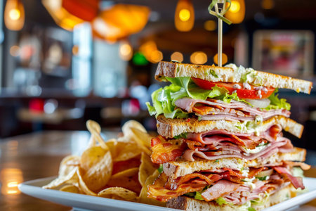 Turkey club sandwich with ham and bacon with salad and mayonnaise and crisps on cafe table.Macro.AI Generative.の素材