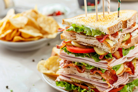 Club sandwich with layers of turkey and ham with bacon with lettuce and mayonnaise and crisps on cafe table.AI Generative.の素材