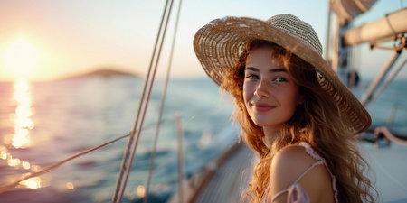 Beautiful woman wearing summer hat enjoying yacht journey on boat deck summer holiday trip.AI Generative.の素材