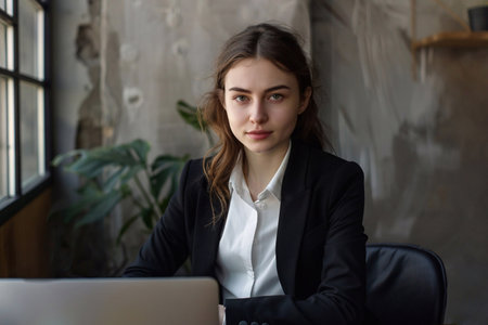 Beautiful businesswoman in modern desk working with laptop and wearing business suit.AI Generative.の素材