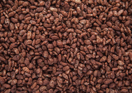 Crunchy tasty chocolate rice crispues breakfast cereal textured background.の写真素材