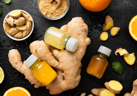 Bottles of immune ginger and orange energy shot drink with ginger root and turmeric powder on black background.の写真素材