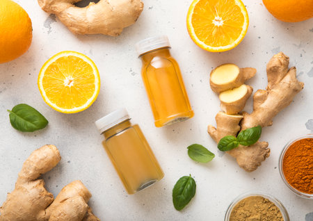 Bottles of immune ginger and orange energy shot drink with ginger root and turmeric powder on light background.の写真素材