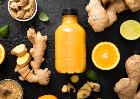 Immune ginger and orange energy shot drink with ginger root and turmeric powder on black kitchen background.の写真素材