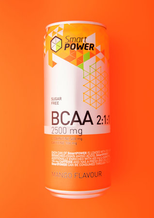 LONDON,UK - DECEMBER 22, 2025: Smart power BCAA drink with Mango on orange.
