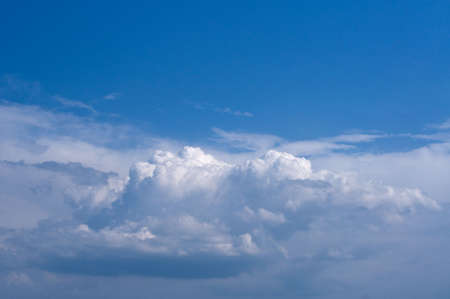 White fluffy clouds highly float in the blue sky