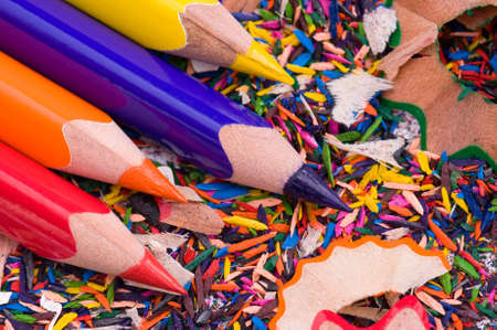The multicolor pencils and wood shavings backgroundの写真素材