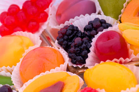 Fruit candy  strawberry apricot peach raspberry fig currants plum banana lemon pear blackberryの写真素材