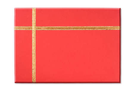 Red blank note and golden ribbon isolated on white background for Valentine's Dayの写真素材