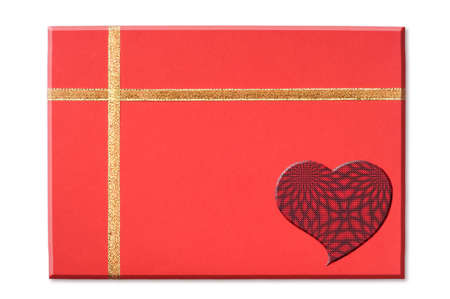Red blank note and golden ribbon isolated on white background for Valentine's Dayの写真素材