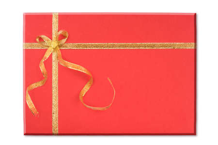 Red blank note and golden ribbon isolated on white background for Valentine's Dayの写真素材