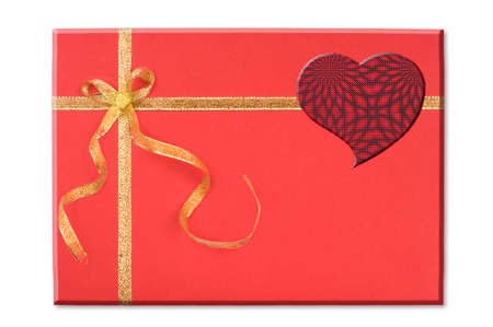 Red blank note and golden ribbon isolated on white background for Valentine's Dayの写真素材