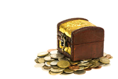 Wooden treasure  chest of money, isolated over white backgroundの写真素材