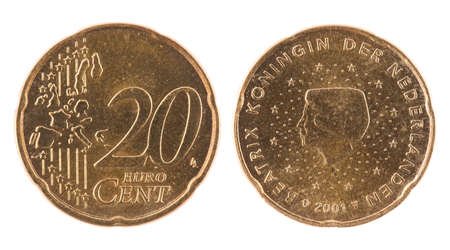20 cents euro coin. Coin isolated on white - detailed closeup macro