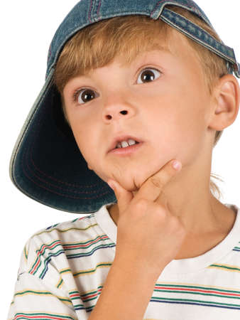 Portrait of emotionally kid. Funny little boy isolated on white background. Beautiful caucasian model.の写真素材