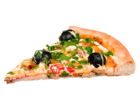 Cut off slice pizza isolated on white backgroundの写真素材