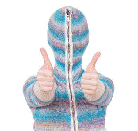 Portrait of a girl in cardigan with a hood with no face. Success.の写真素材