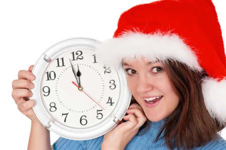 Portrait of a teenage girl with clock. Isolated on white background.