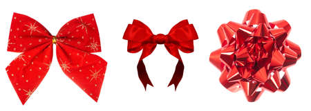 Set of beautiful bright red bows isolated over white backgroundの写真素材
