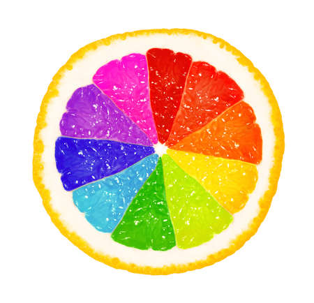 Perfect half of grapefruit, or orange, or lemon in different colors, isolated on white backgroundの写真素材