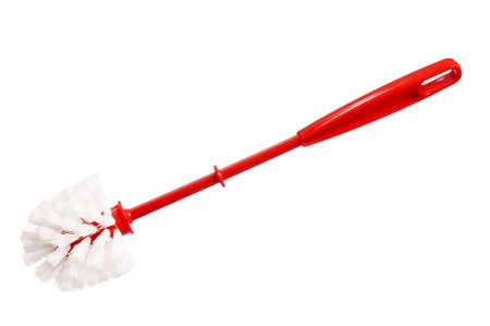 Close up of plastic red toilet brush on a white backgroundの写真素材