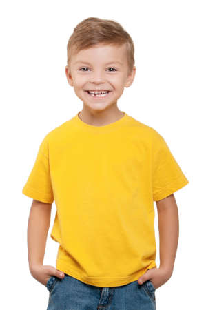 Portrait of happy little boy over white backgroundの写真素材